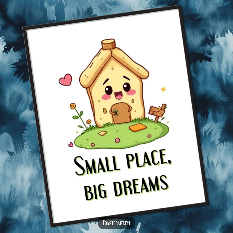 Funny poster print of a bread crumb character comically building a tiny house, celebrating miniature construction and humorous effort.
