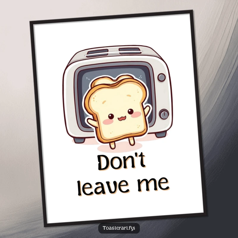 Funny Poster: Fluffy bread slice character comically pushing toast back into a toaster, humorous wall art.