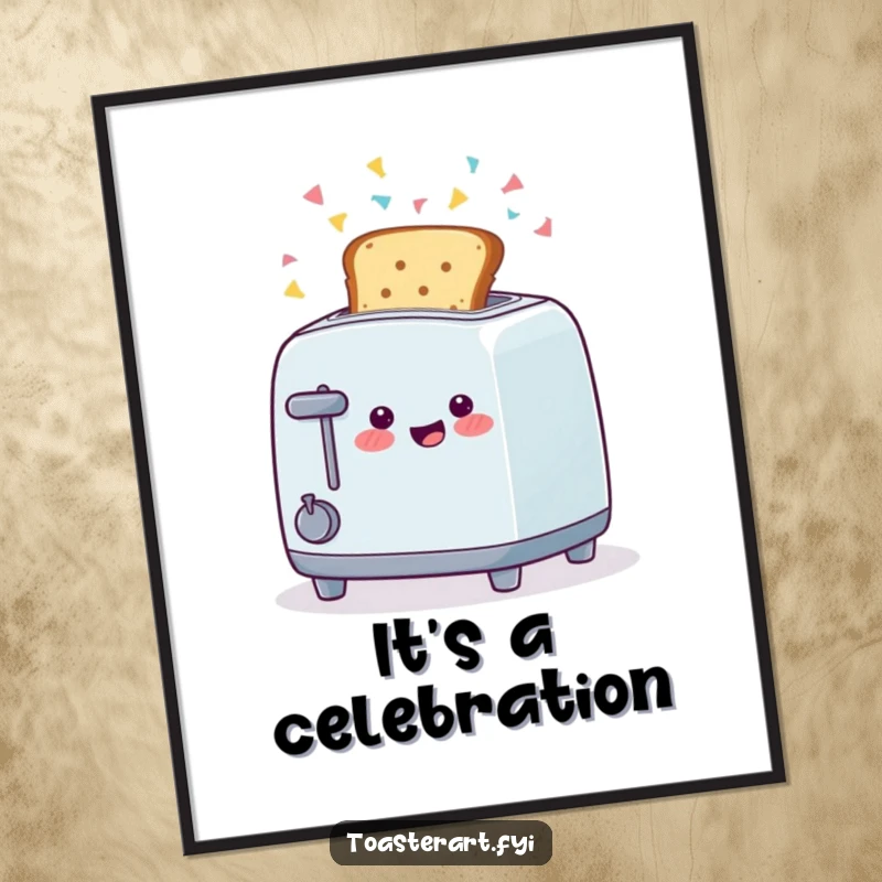 Funny poster of a happy toaster character ejecting toast amidst a confetti shower, bringing festive breakfast art to any room.