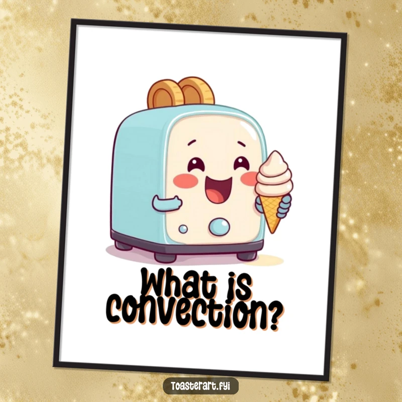 Funny poster of a happy toaster character gleefully attempting to bake a tiny ice cream cone, whimsical kitchen humor.