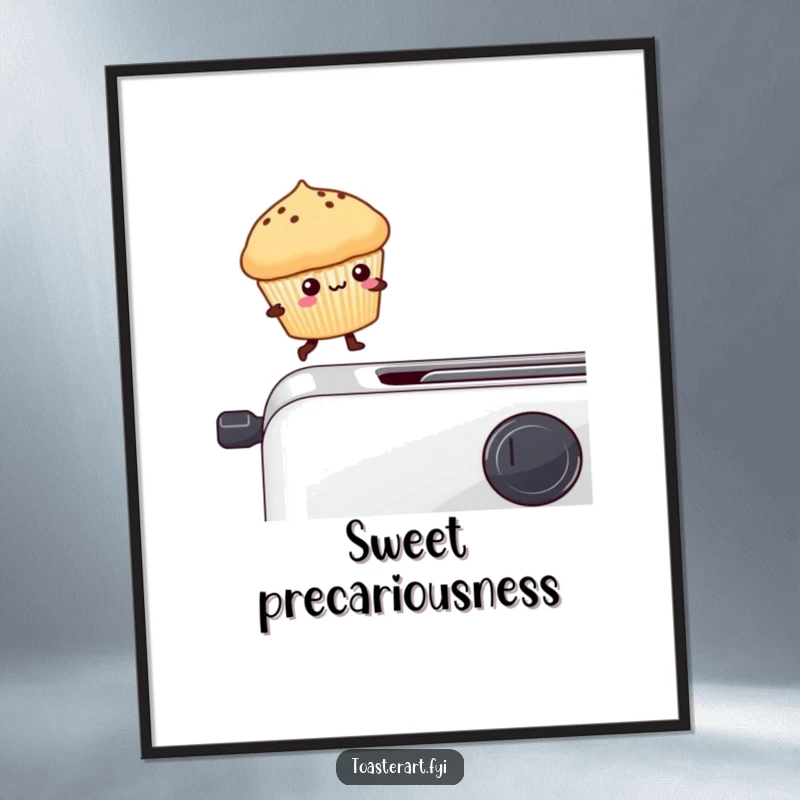 Funny kawaii muffin balancing on a toaster edge, a humorous and adorable poster for wall decoration.