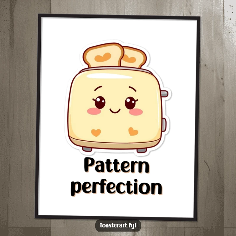 Funny smiling toaster poster, featuring perfectly patterned toast designs, humorous wall decor.