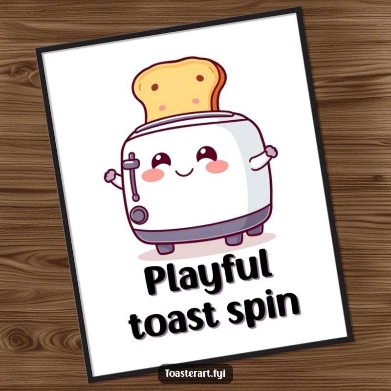 Funny Poster of a smiling toaster character in the action of playfully spinning a slice of toast, adding whimsy to walls.
