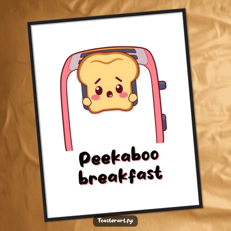 Funny Toast Poster: A startled slice of toast peeks from toaster slots, adding comic surprise and humor to wall art.