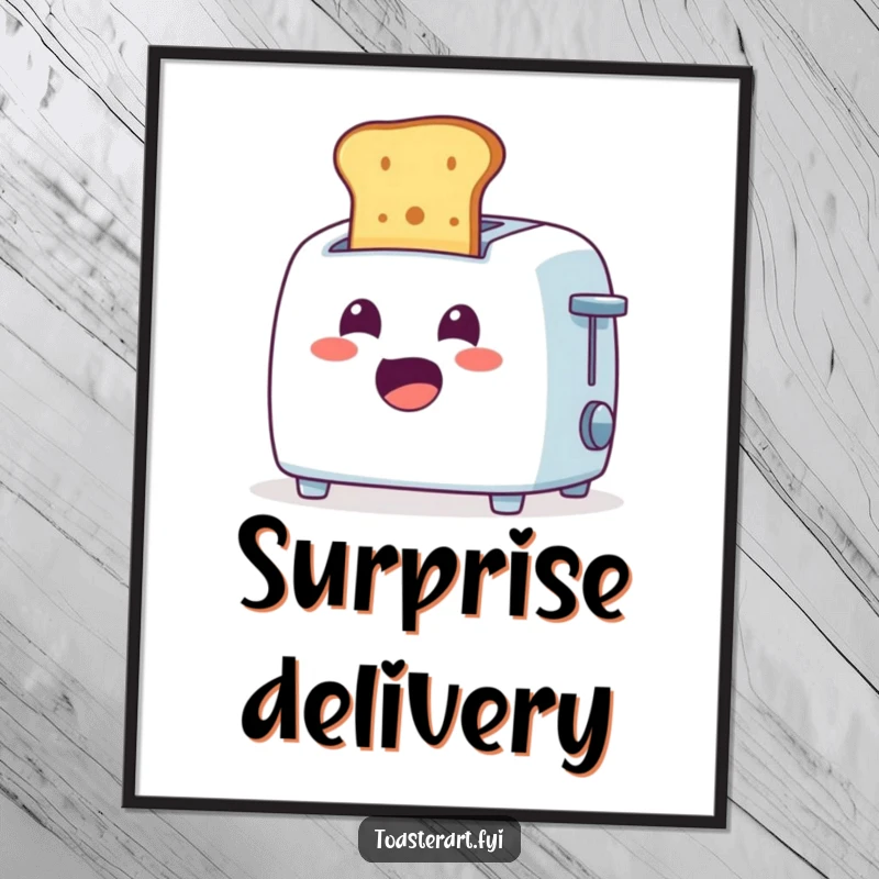 Funny Poster: Cheerful toaster character ejecting toast with a surprised expression, humorous kitchen wall art.