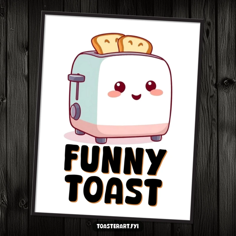 Funny poster art of a cheerful toaster with toast shaped into funny and entertaining forms, celebrating breakfast.