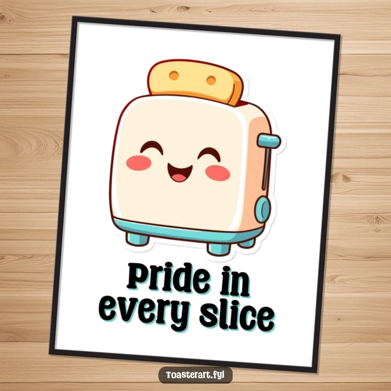 Funny toaster poster featuring a smiling toaster character glowing warmly with pride, creating a cheerful and humorous wall art piece.