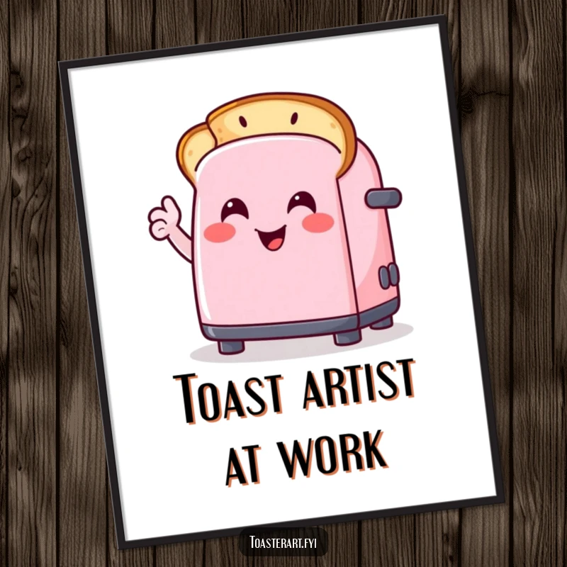 Funny poster of a smiling toaster character drawing a smiley face on toast, adding a quirky and cheerful vibe to any wall.