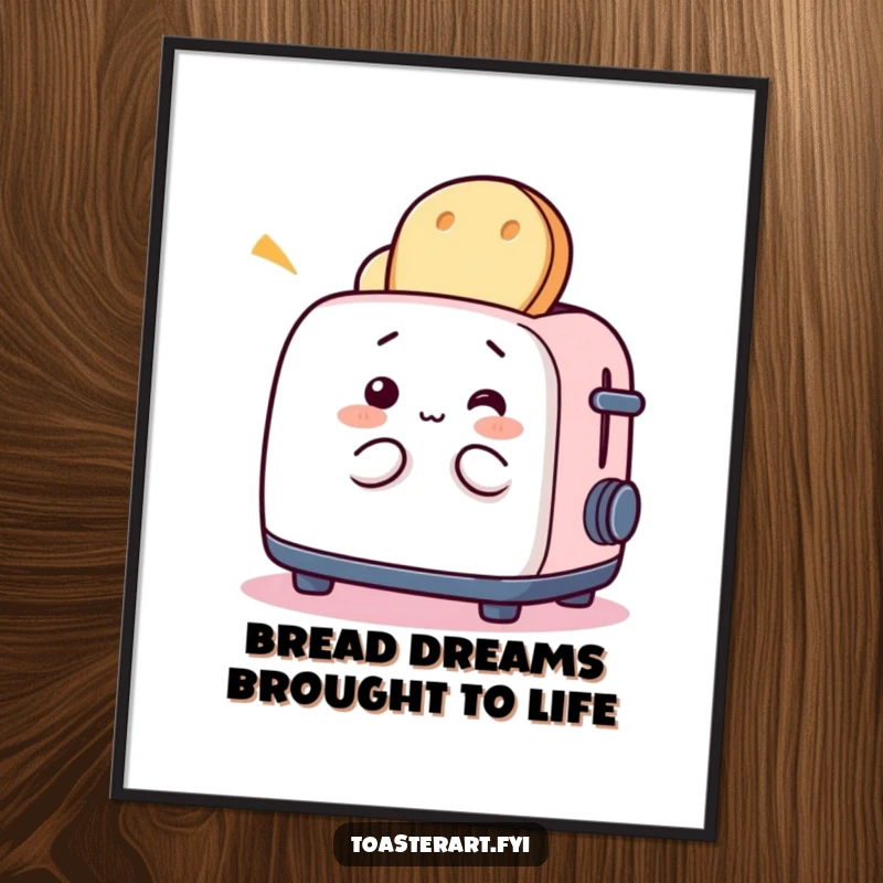 Funny poster featuring a whimsical toaster character playing with bread, bringing playful breakfast vibes to any kitchen.