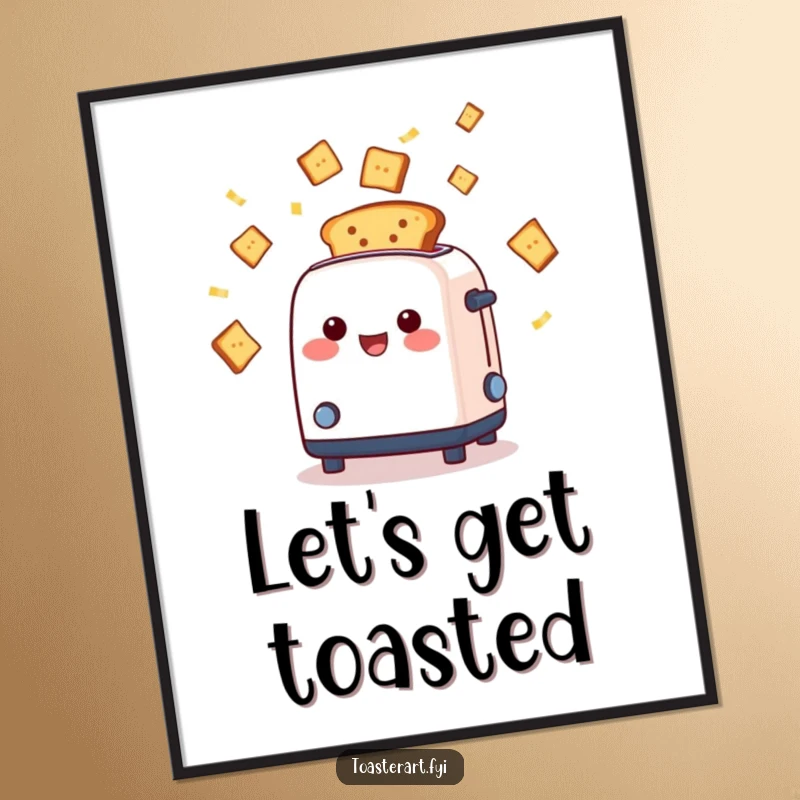 Funny cheerful toaster character ejecting toasted bread slices like confetti, wall art poster, bringing a festive breakfast atmosphere.