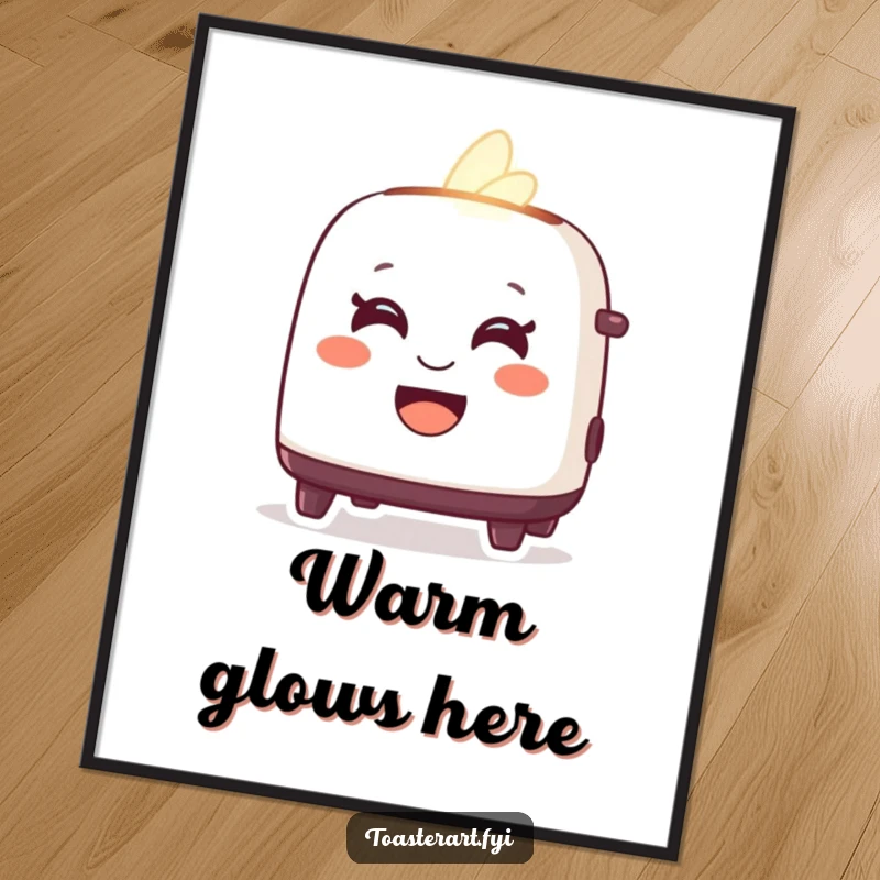 Funny poster showcasing a delighted toaster character glowing warmly with a friendly smile, adding warmth to decor.