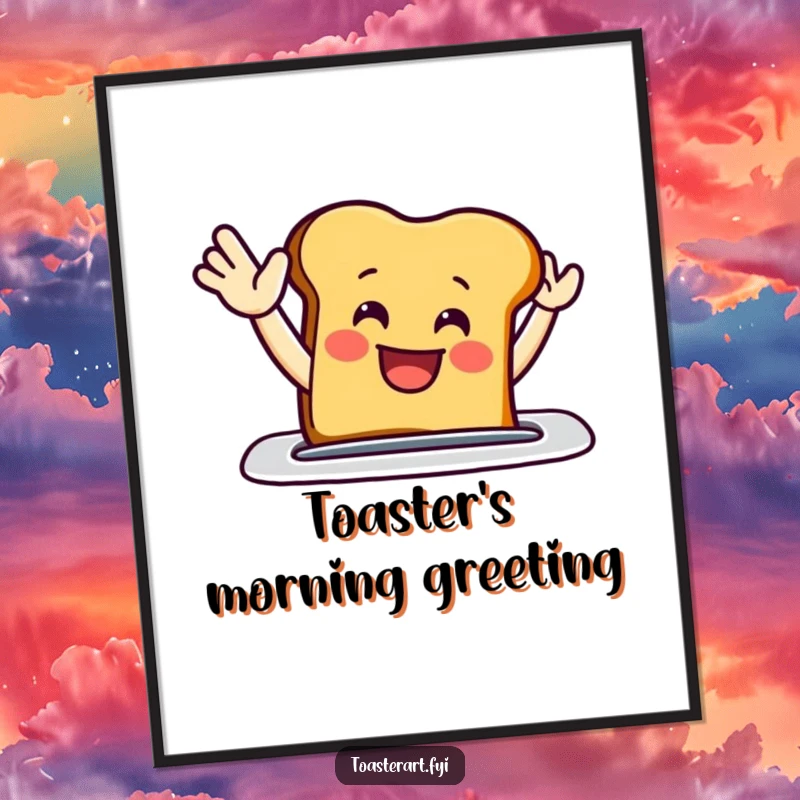 Funny poster of a grinning toast slice enthusiastically waving from a toaster slot, bringing cheerful breakfast vibes to your decor.