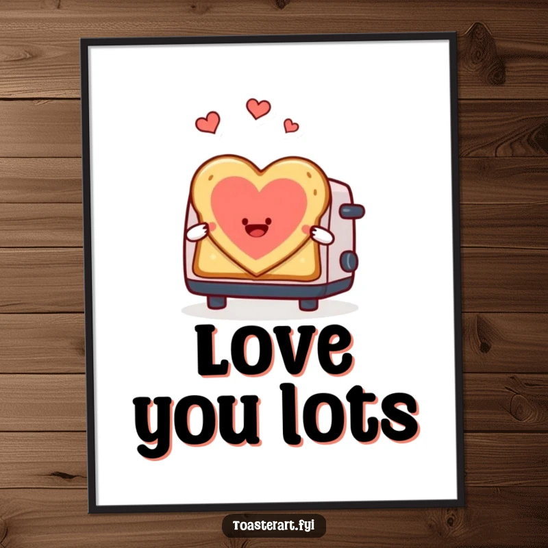 Funny poster of a toaster character gleefully making heart-shaped toast art, a romantic and humorous piece for any wall.