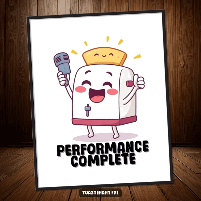 Funny, excited toaster character in a triumphant mic drop pose with toast, displayed as a poster for motivational and humorous decor.