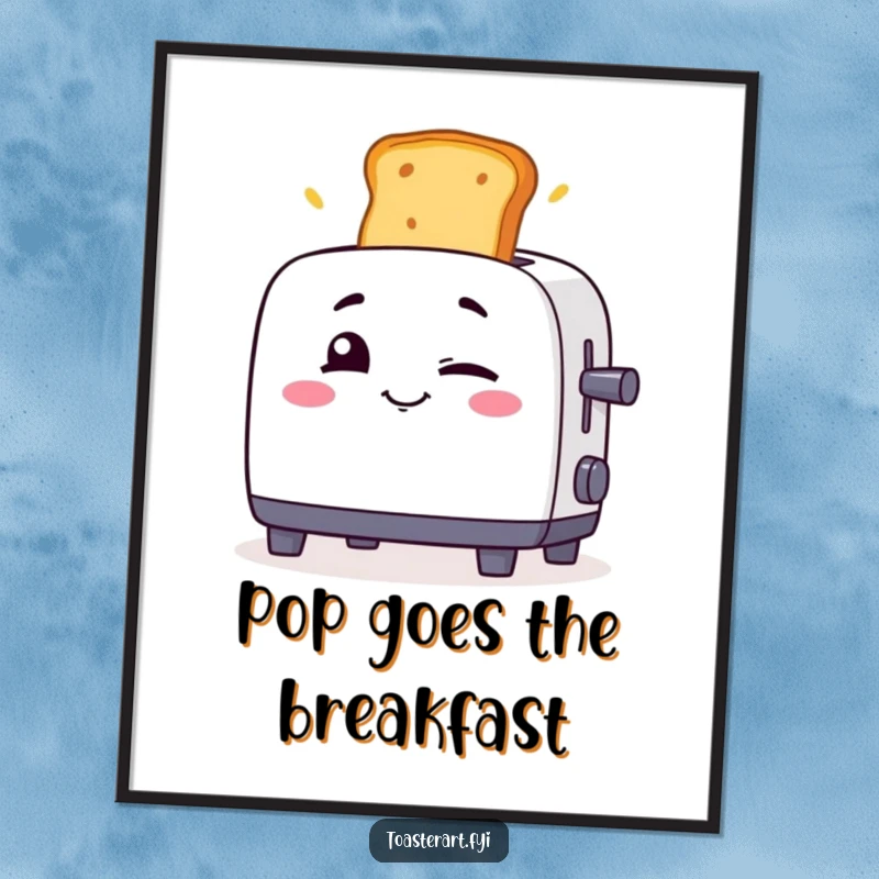 Funny toaster winking as toast flies out, a humorous and action-packed poster for wall decoration.