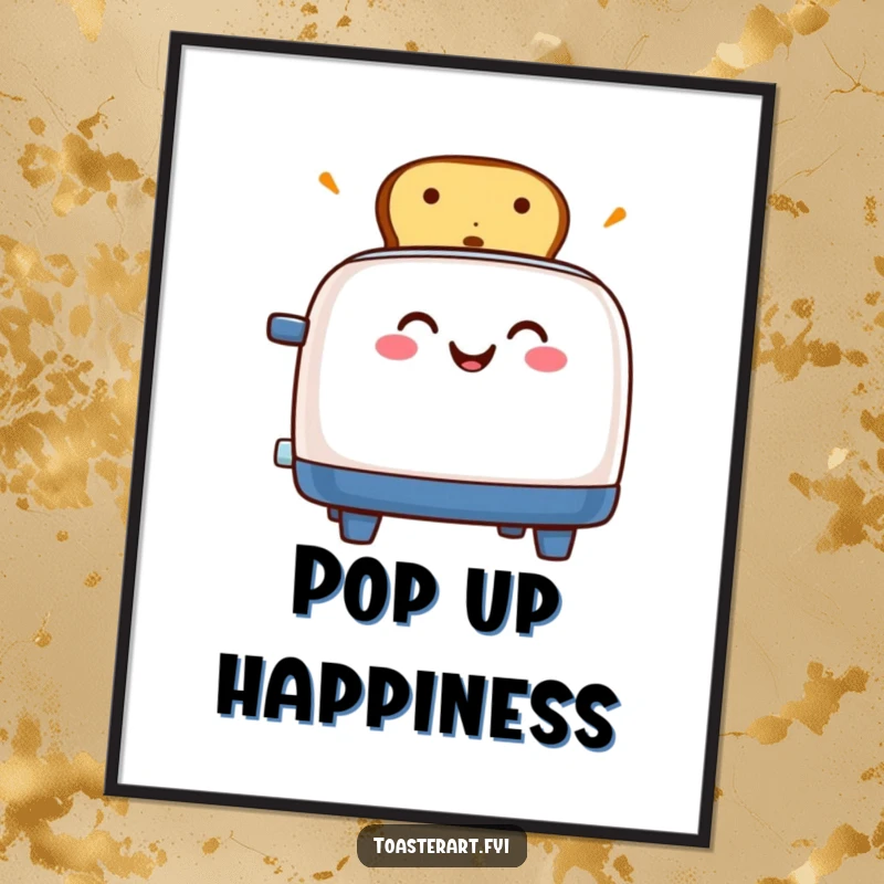 Funny poster of a grinning toaster character mid-pop, launching toast with infectious excitement and cheer.