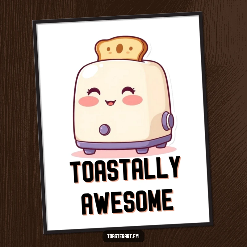 Funny blushing toaster art poster, toast popping out artistically, a humorous and decorative piece for any room.