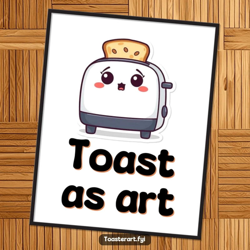 Funny toaster character with a look of surprise at toast resembling art, displayed as a poster, adding whimsical humor to decor.