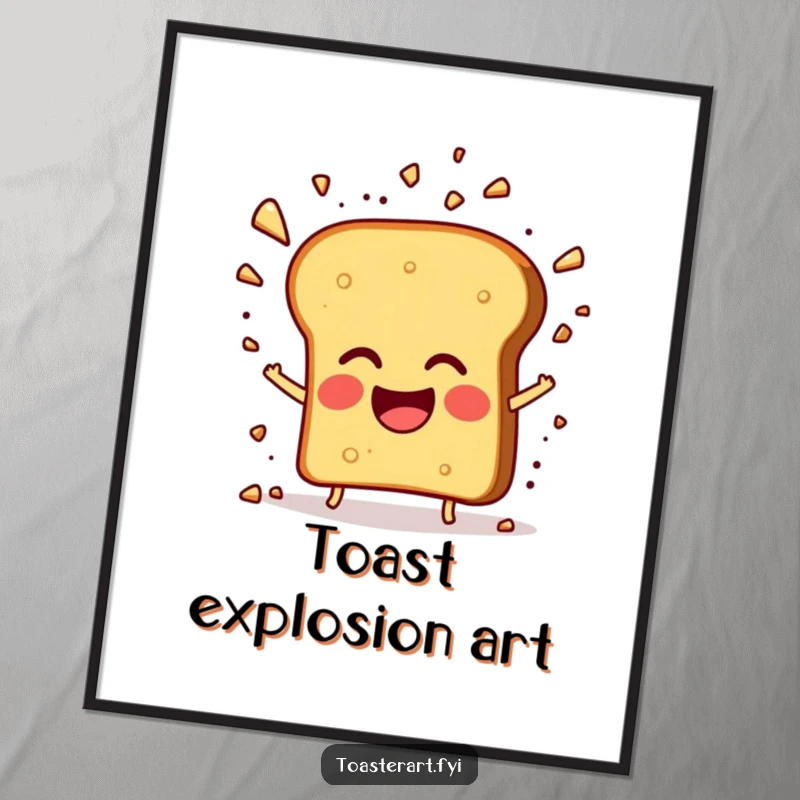 Funny poster featuring a giggling toast character and an explosion of crumbs, adding a humorous artistic touch.