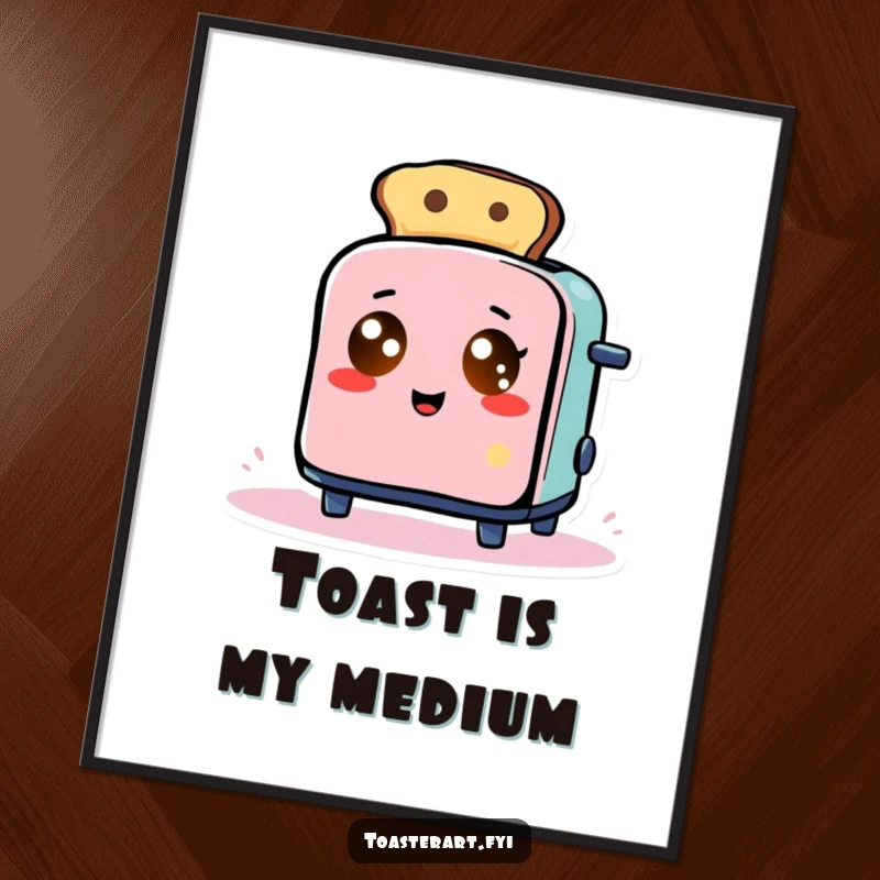 Funny Poster: Toaster with glowing eyes comically creates abstract toast art, a surreal and humorous wall decoration.