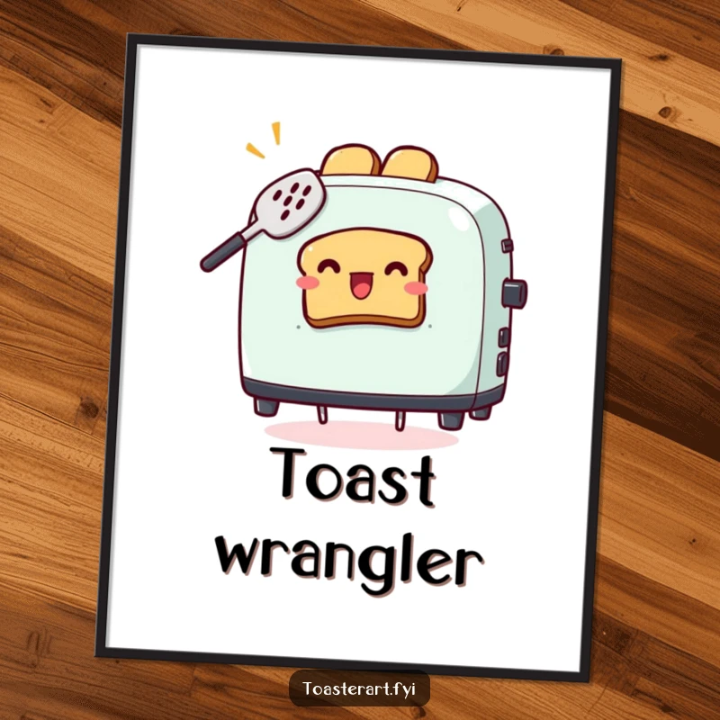 Funny poster of a toaster character comically attempting to catch flying toast with a spatula, creating a humorous kitchen scene.