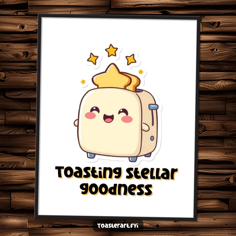 Funny Poster of a joyful toaster character popping out toast shaped like stars, adding a touch of cosmic wonder to walls.
