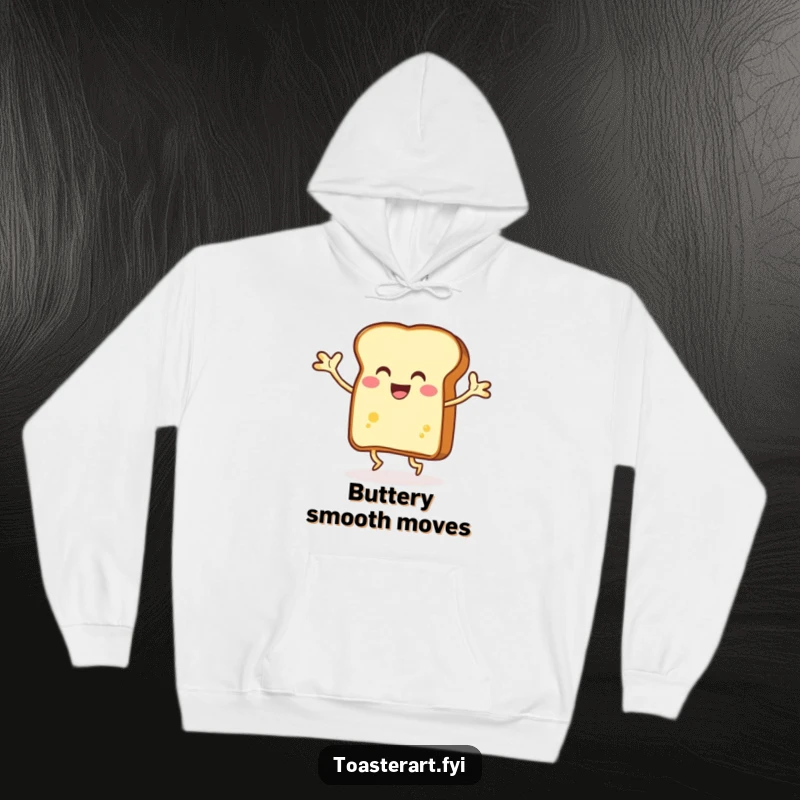 Funny toast character dancing with buttery arms, cozy hoodie design, perfect for staying warm and feeling the rhythm.