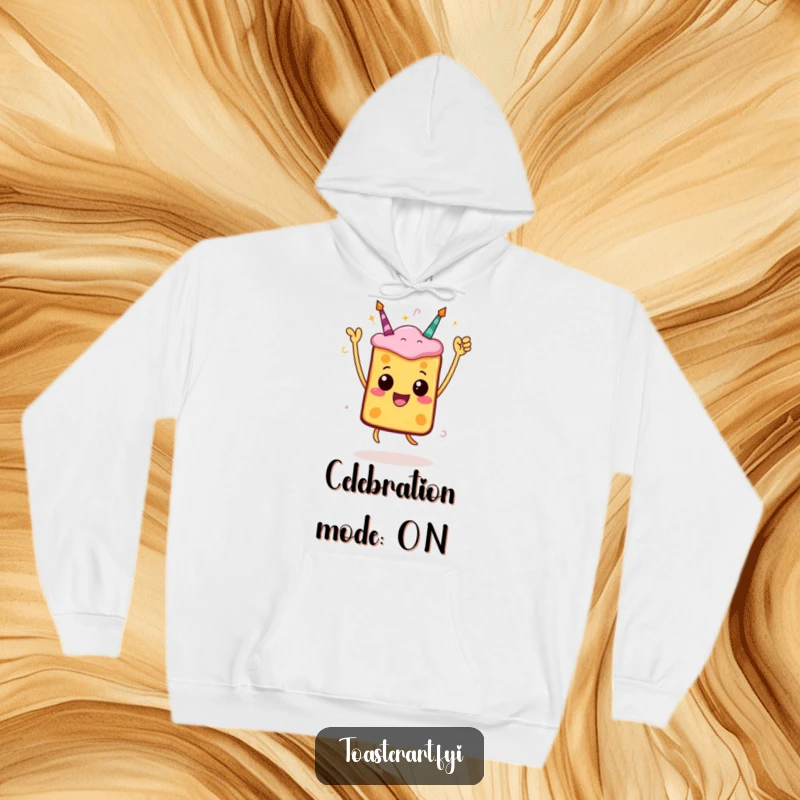 Funny toast hoodie featuring a jumping character in a celebratory pose, offering cozy warmth and a festive design.