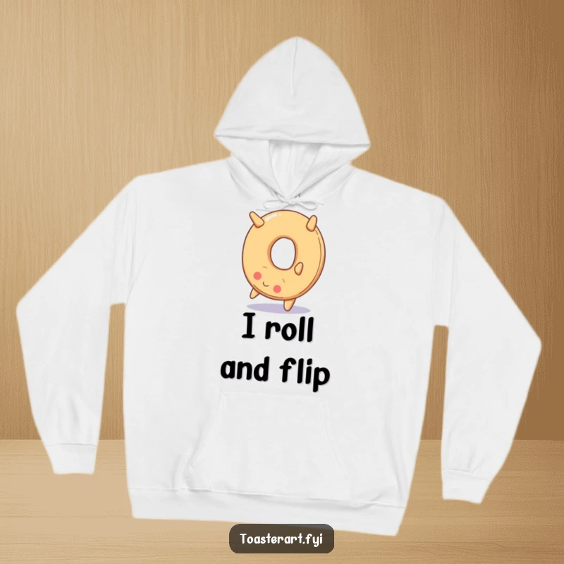 Funny hoodie featuring a smiling bagel in mid-backward somersault, combining comfort with a humorous and dynamic food-themed design.