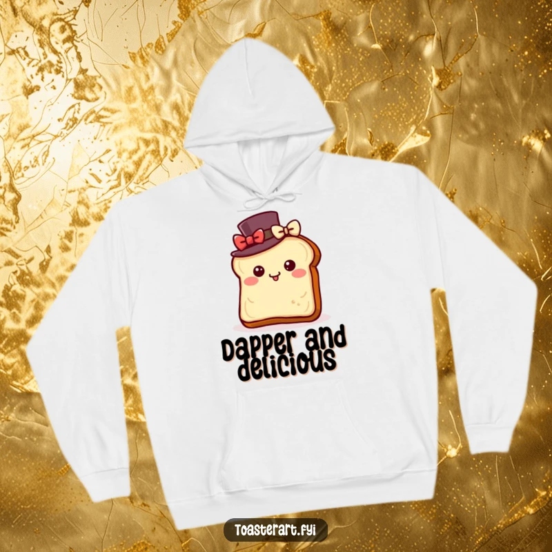 Funny hoodie with a toast slice wearing a top hat, bowing with delight, perfect for cozy, sophisticated, and humorous vibes.
