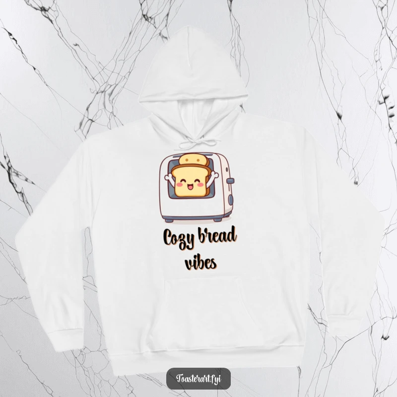 Funny hoodie featuring a delighted toast character waving from inside a toaster, cozy and cheerful apparel.