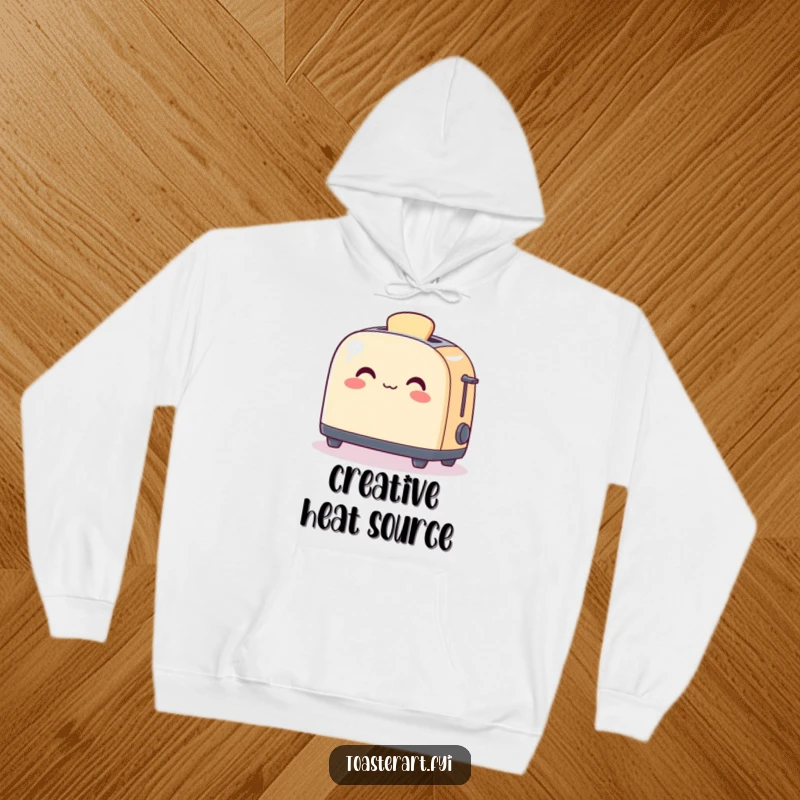 Funny Hoodie featuring a smiling toaster character gently warming a colorful piece of art, radiating warmth and humor.