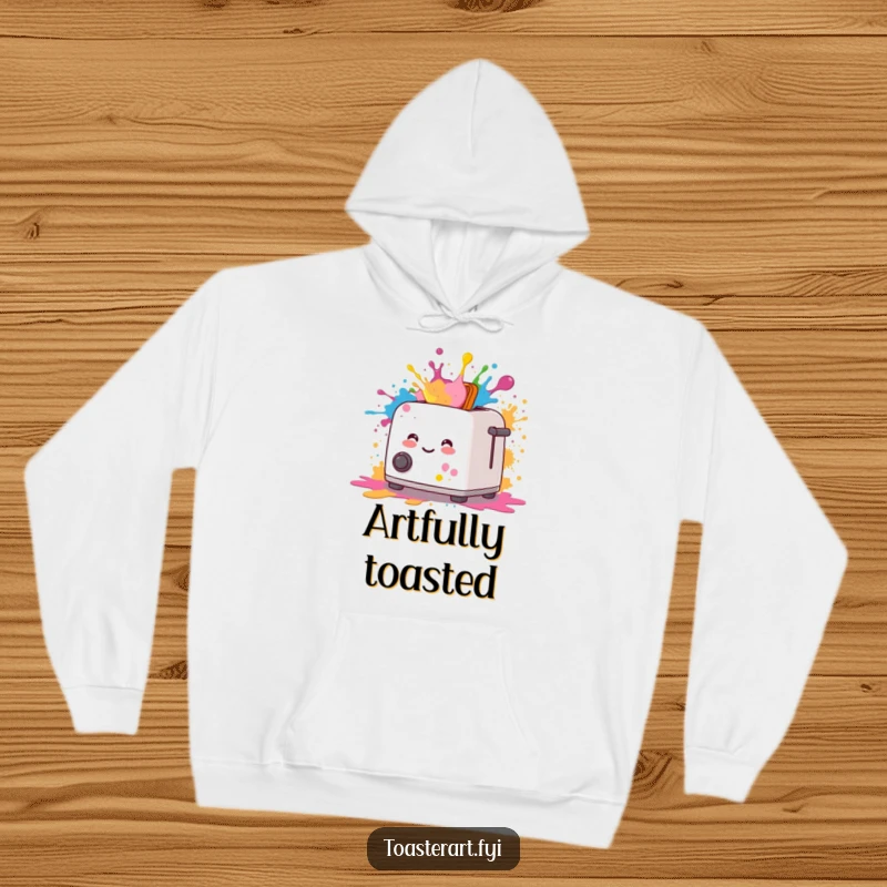 Funny hoodie design of a smiling toaster emitting colorful paint splatters, perfect for cozy creative sessions.