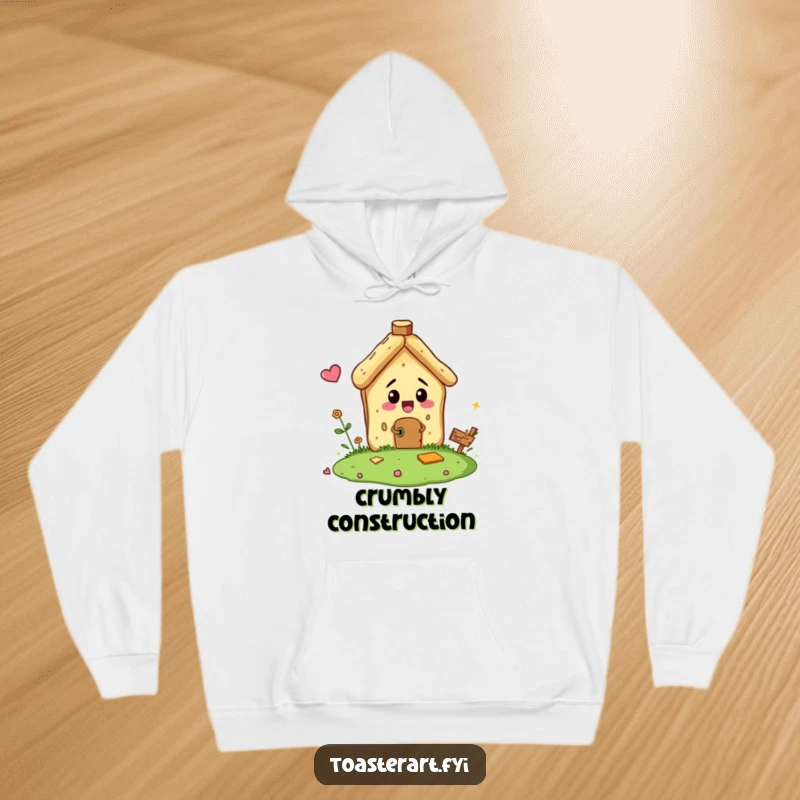 Funny hoodie illustration of a bread crumb character comically attempting to build a tiny house, perfect for cozy, creative wear.