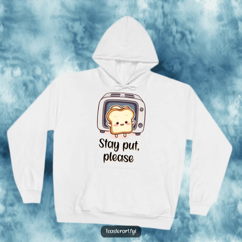 Funny Hoodie: Fluffy bread slice character comically pushes toast back into a toaster, a humorous cozy garment.