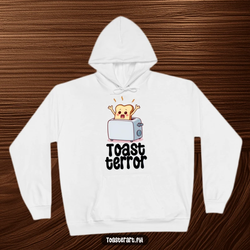 Funny hoodie featuring a scared piece of toast comically frozen mid-air from a toaster, offering cozy and humorous warmth.