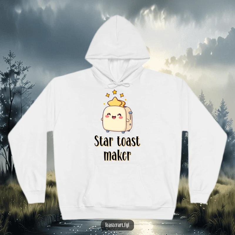 Funny Hoodie showcasing a happy toaster character, joyfully popping out toast shaped like stars, radiating celestial charm.