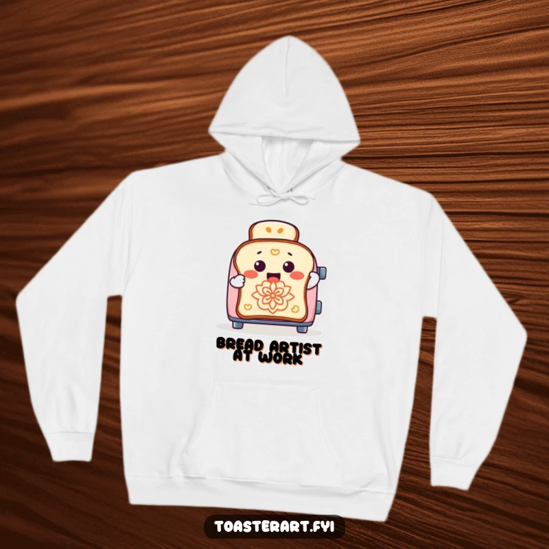 Funny hoodie showing a cheerful toaster character making artistic designs on toast, embodying playful breakfast creativity and humor.