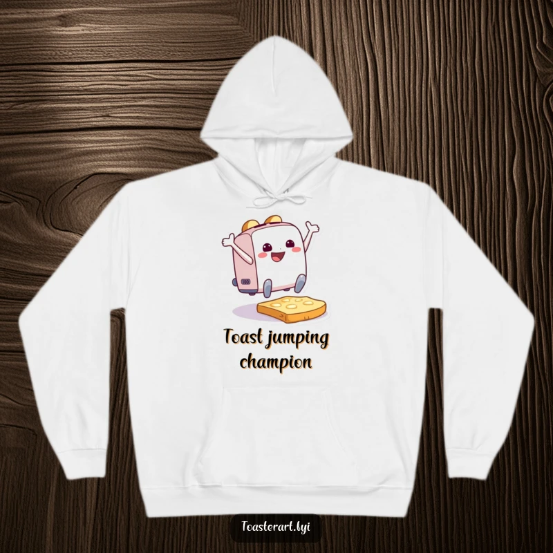 Funny Hoodie showcasing an elated toaster character in a dynamic leap onto a slice of toast, radiating pure happiness.