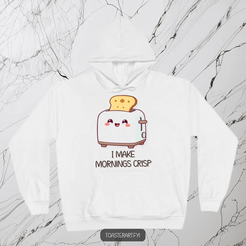Funny hoodie depicting a grinning toaster character popping up perfectly toasted bread, a warm and humorous addition to any wardrobe.