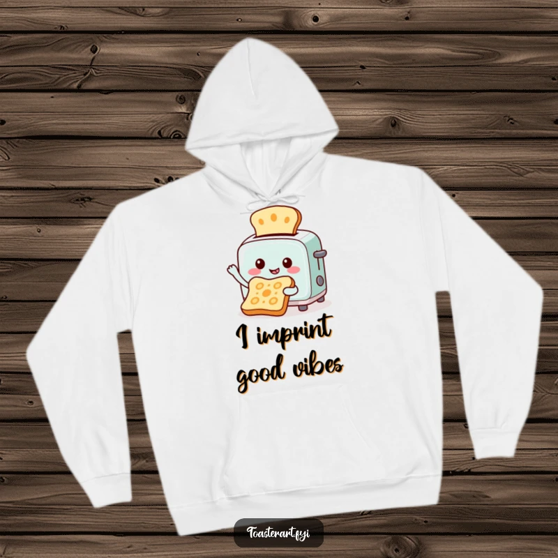 Funny hoodie with a cheerful toaster character creating art by toasting patterns onto bread, perfect for cozy, artistic vibes.