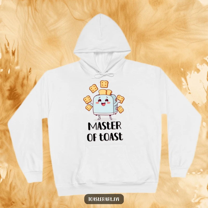 Funny hoodie featuring a giggling toaster character juggling bread slices. Cozy and humorous attire for chilly days.