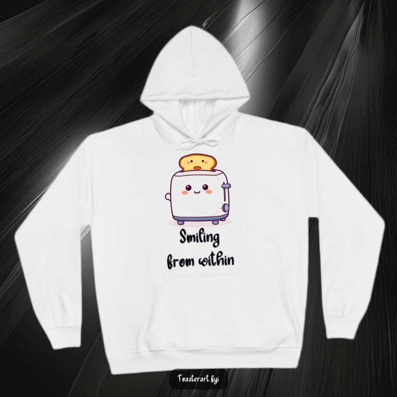 Funny, playful toaster character proudly displaying a smiley-faced toast on a cozy hoodie, ideal for breakfast lovers.