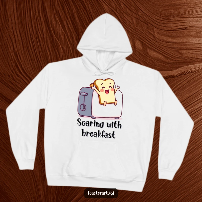 Funny toast character leaping from a toaster, a cozy and humorous hoodie design for energetic individuals.