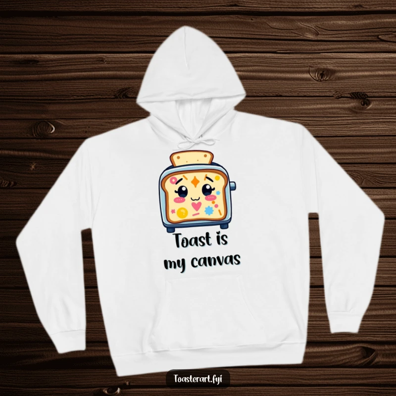 Funny Hoodie depicting a happy toaster character artistically creating vibrant patterns on toast, perfect for cozy, humorous wear.
