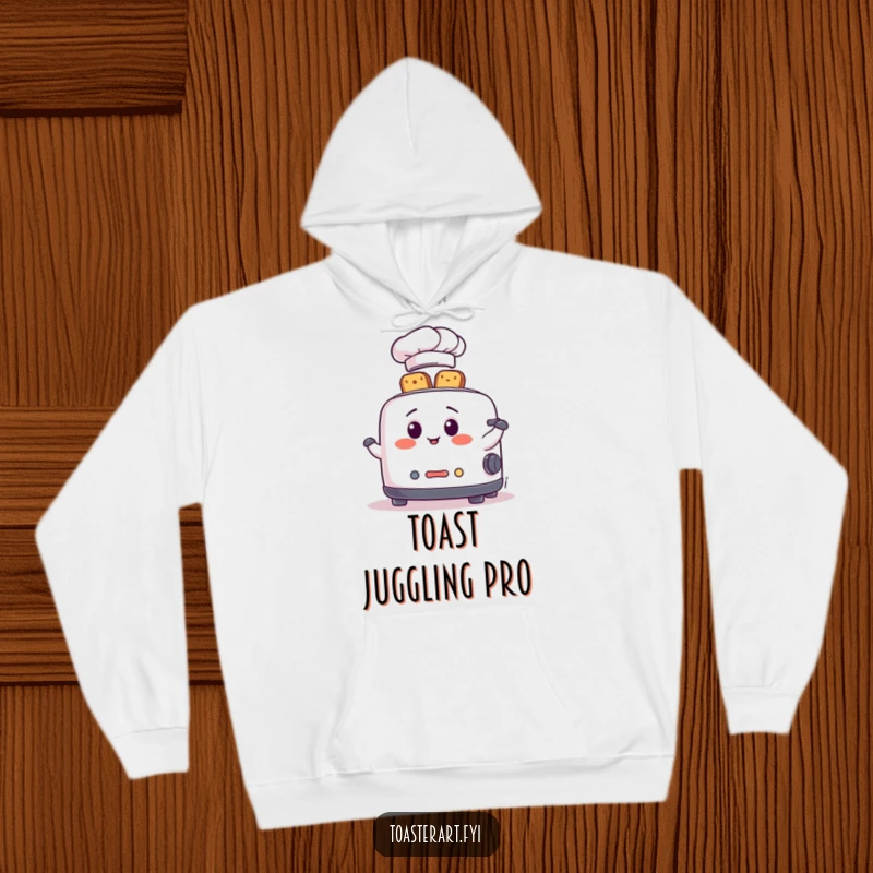 Funny Hoodie featuring a skilled toaster chef in a hat, juggling toast slices with impressive dexterity and a happy expression.