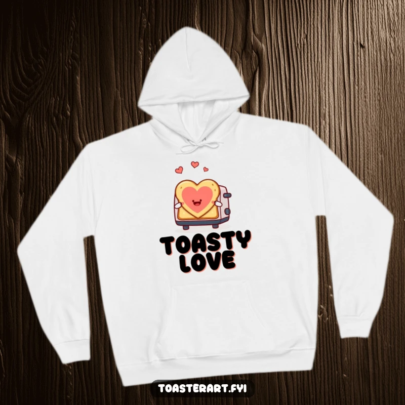 Funny hoodie featuring a toaster character gleefully making heart-shaped toast art, offering cozy and affectionate warmth.