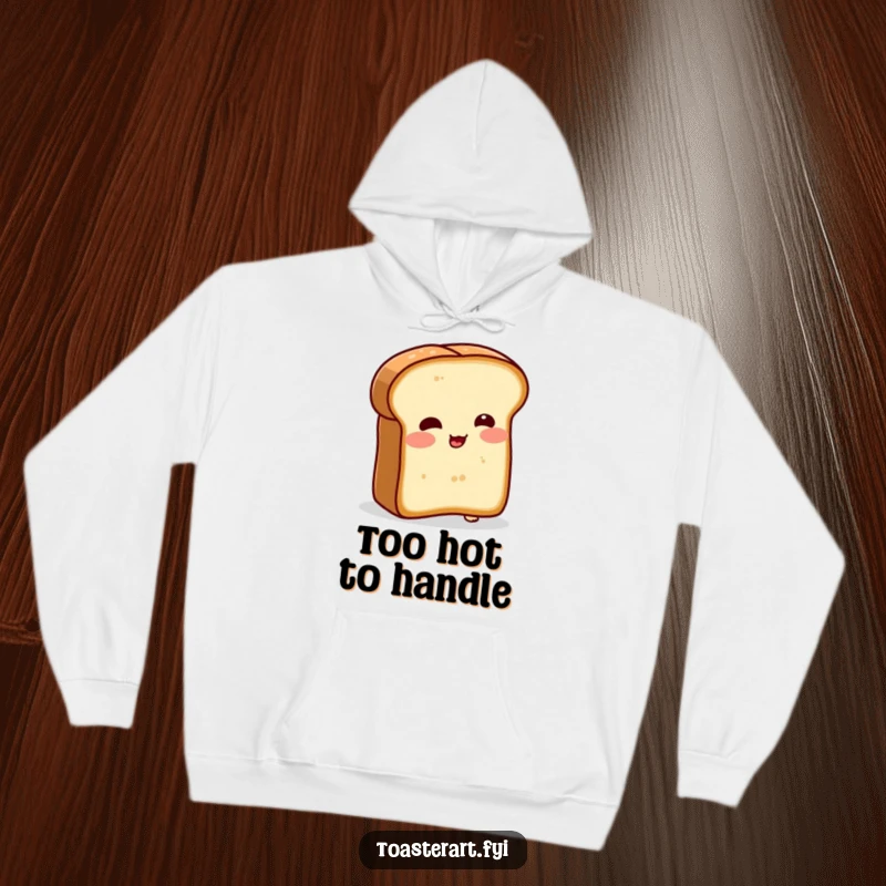 Funny hoodie featuring a blushing bread slice character in a comical self-toasting pose. Cozy and humorous attire.