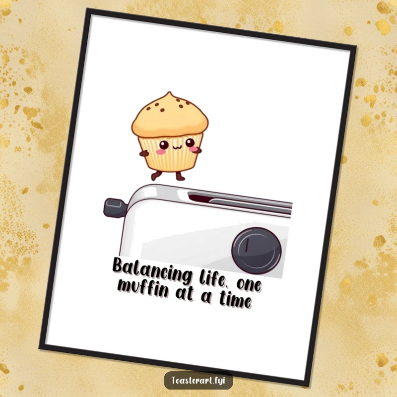 Funny Free Printable Wall Art: A kawaii muffin character balances precariously on a toaster edge, creating a cute and whimsical scene.