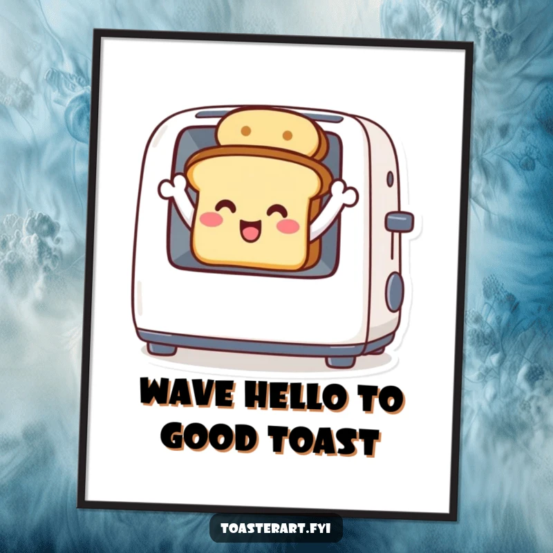 Funny free printable wall art: A happy toast character waving hello from its warm and inviting toaster home.